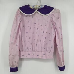 Vintage Handmade Blouse Womens S Lilac Ditsy Floral Peter Pan Collar Cottagecore